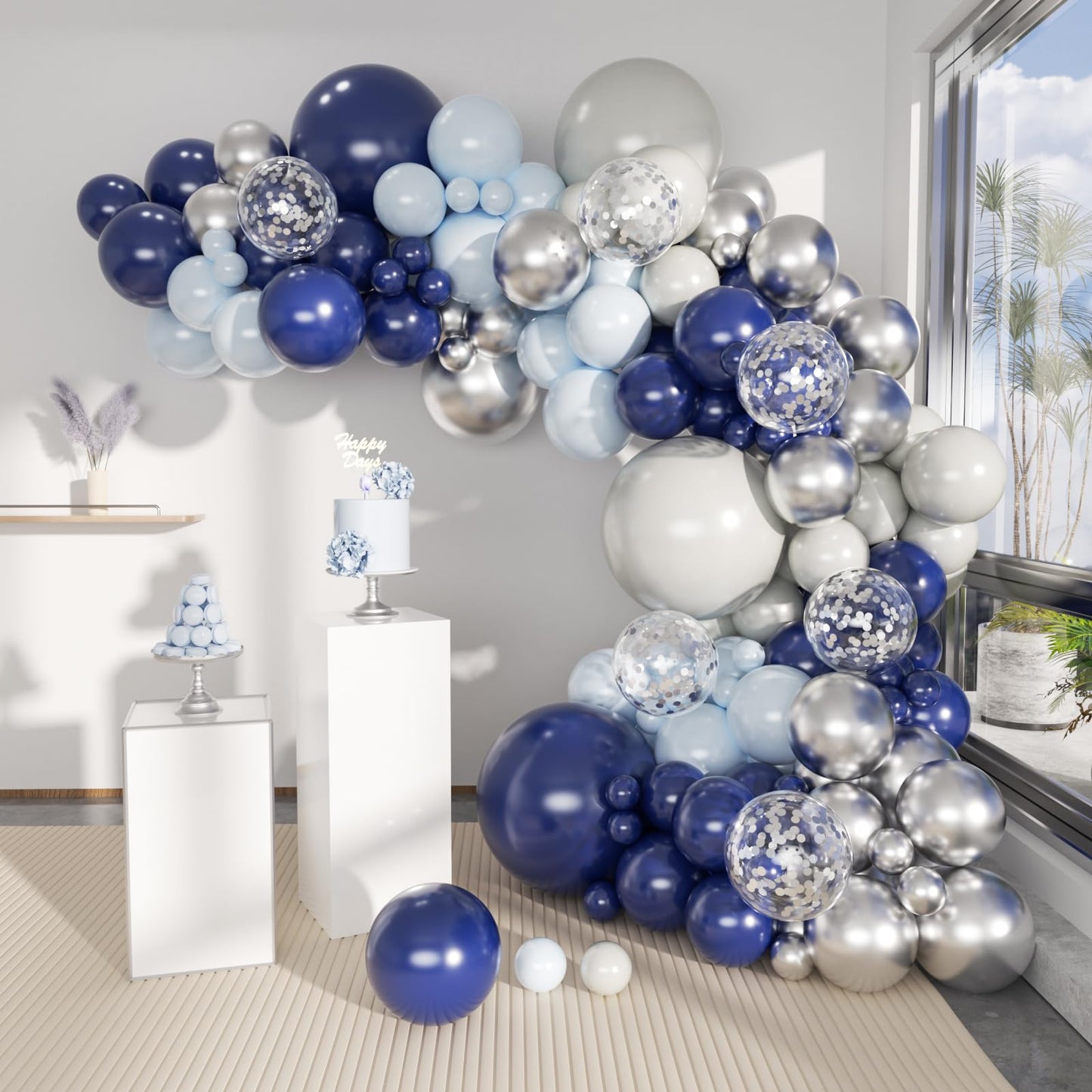 Moxmay 140 Pack Silver Navy Gray Macaron Blue Balloons Garland Arch Kit For Graduation Birthday Party Baby Shower Party Decorati