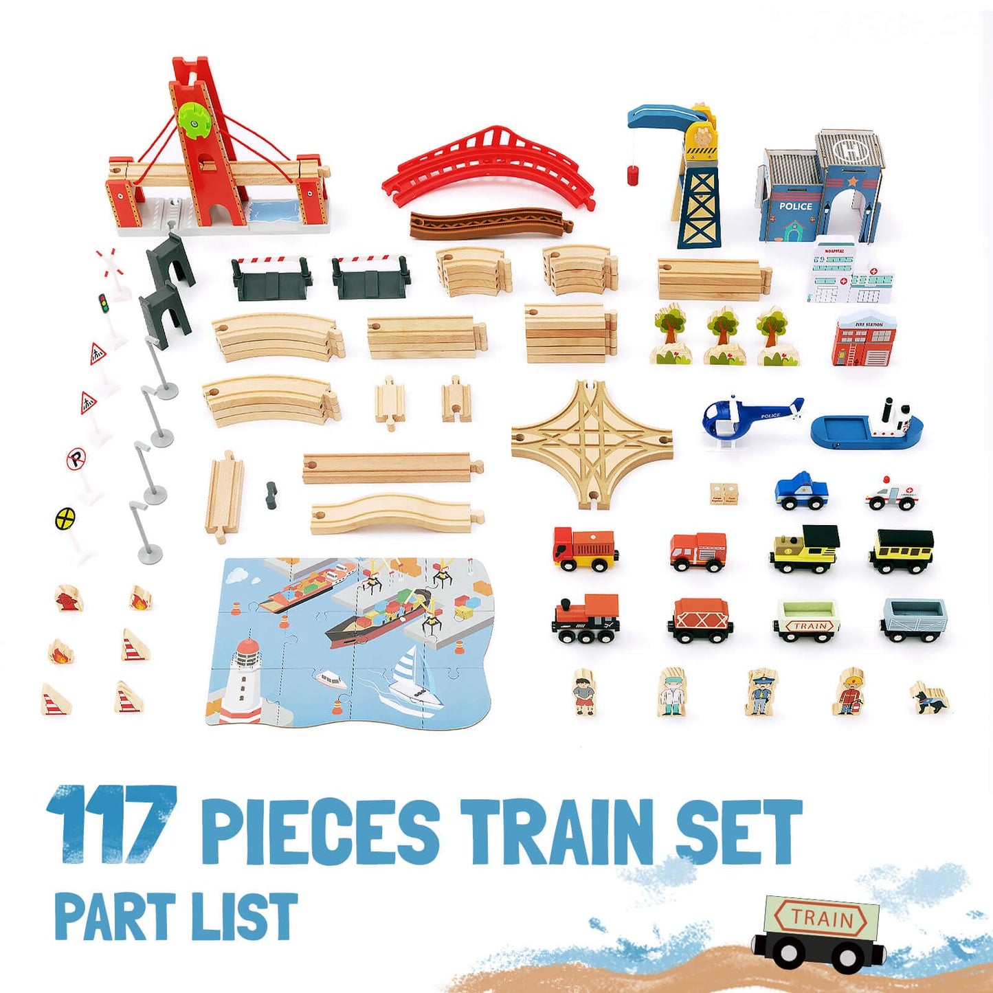 Giant Bean 117 Pcs Busy Port City Train Set For Kids- Expandable & Changeable Wooden Train Track Set Toddler Toy, For Boys & Girls Ages 3+