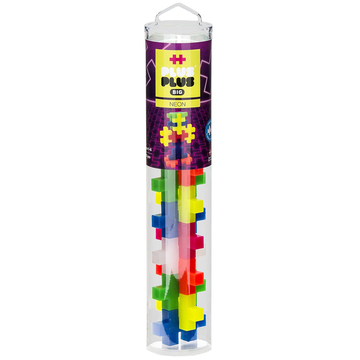 Plus Plus - Big - Open Play Tube - 15 Piece Neon Color Mix - Construction Building Stem - Interlocking Large Puzzle Blocks For Toddlers And Preschool