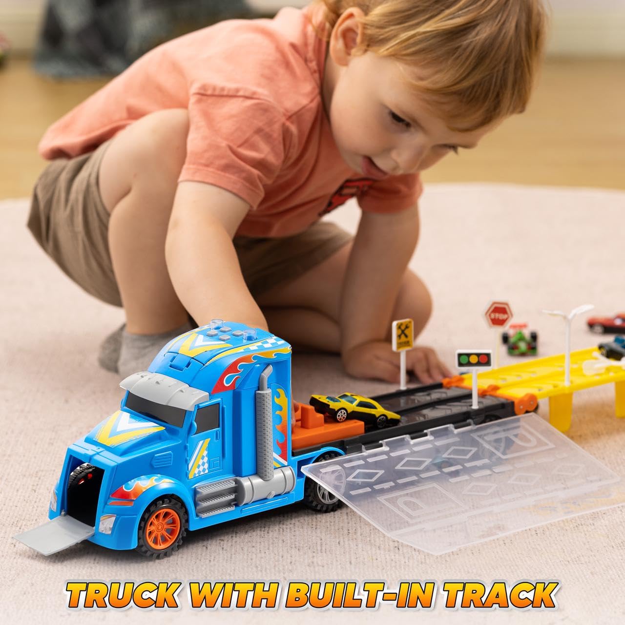 Joyin Toy Truck For Kids,5-Ft Race Track And 12 Die-Cast Metal Toy Cars, Racing Car With Lights & Sounds, Carrier Truck Playset
