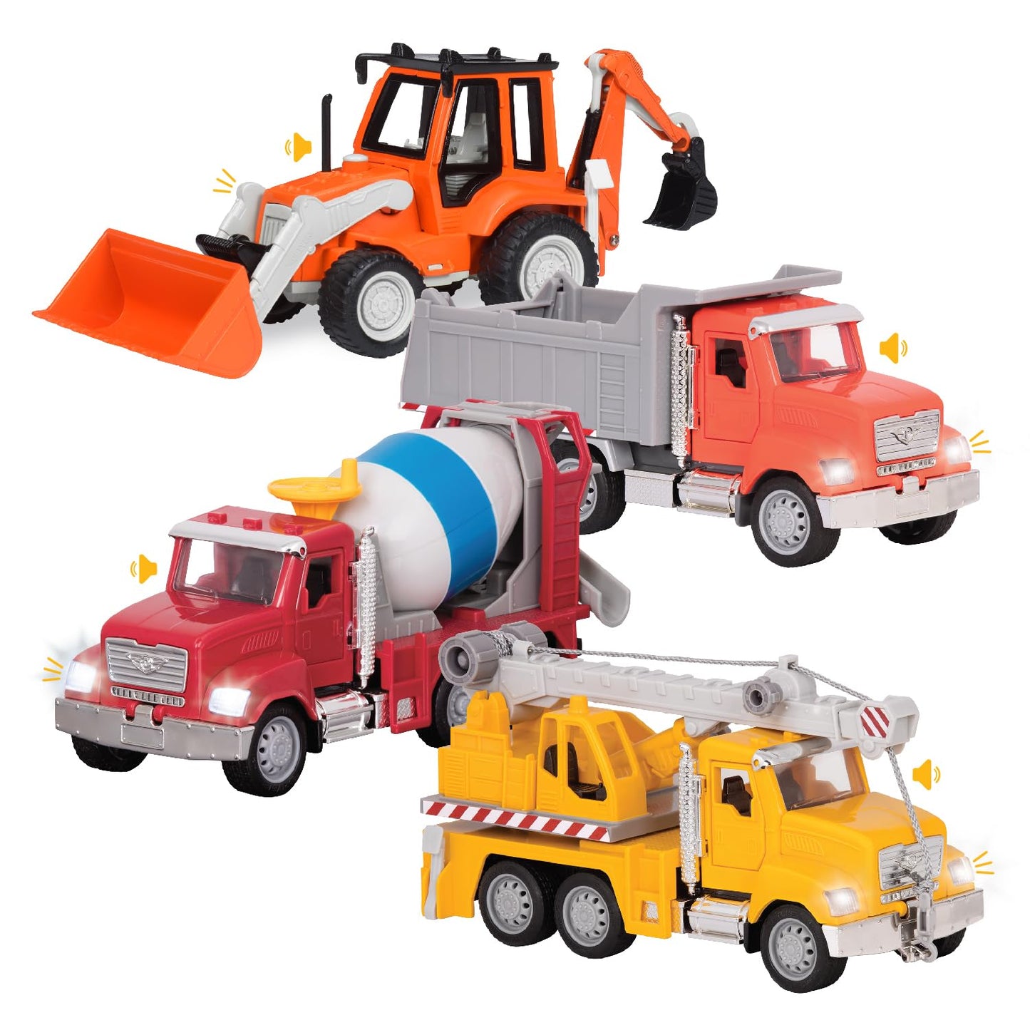 Driven By Battat - 4 Construction Toys For Kids&Toddlers - 7.5'' Crane Toy, 7'' Dump Truck, 6.5'' Cement Mixer, 7'' Excavator Ba