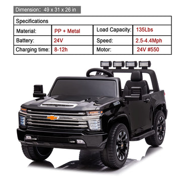 Luibas 24V Ride On Toy, 2 Seater Licensed Chevrolet Silverado Hd With Remote Control, Battery Powered Kids Electric Ride On Truc