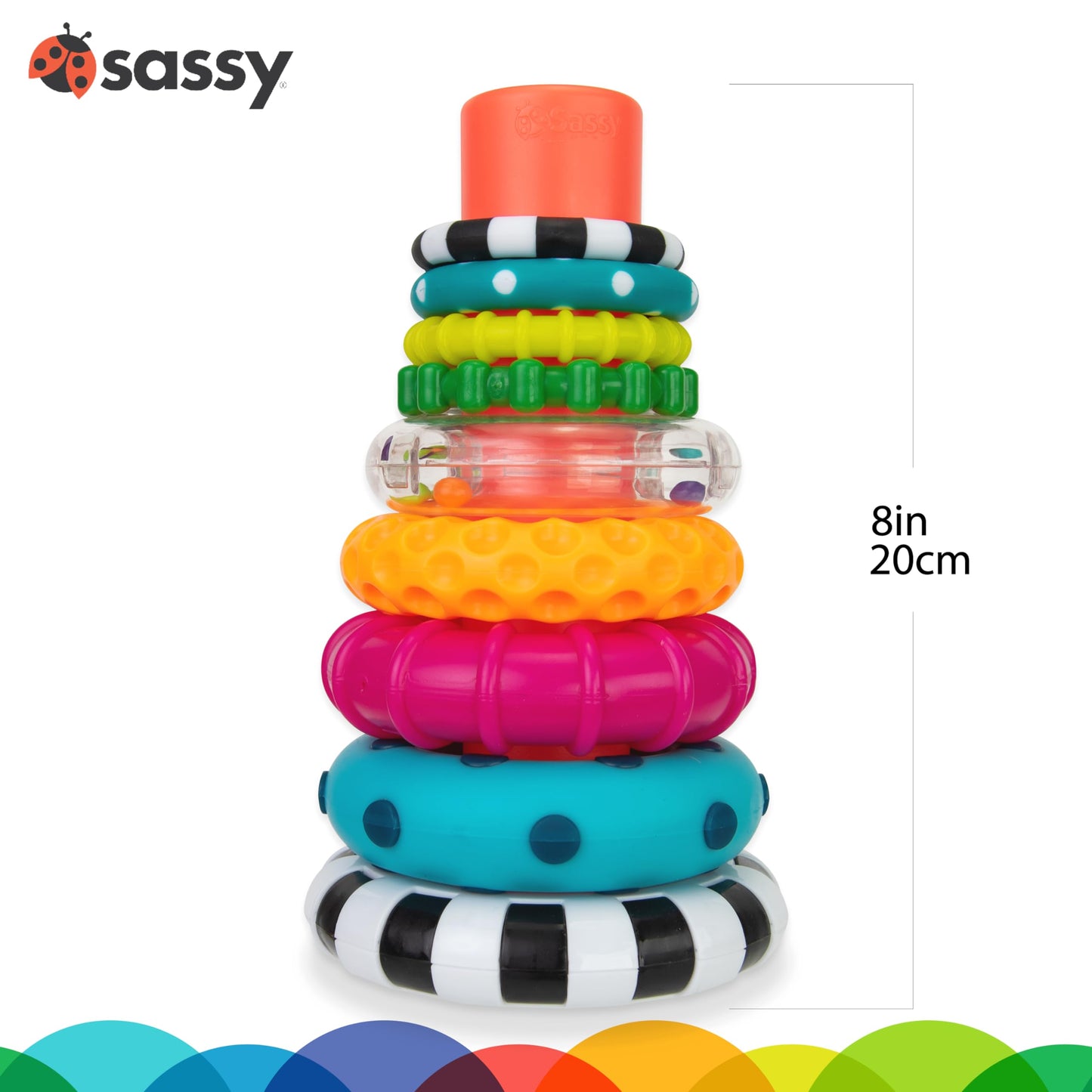 Sassy Stacks of Circles Stacking Ring Toy, 9 Piece Set, Multi, Plastic, for Ages 6+ Months, Model 80795FAAM