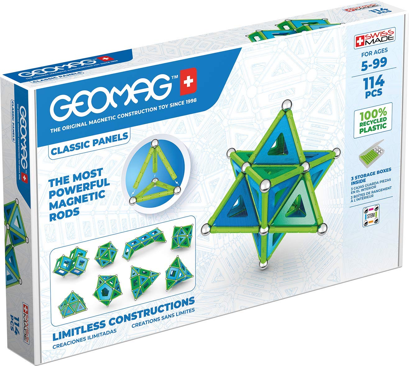 Geomag Classic Panels 114-Pc Magnetic Construction Set For Kids Ages 5 And Up | Swiss-Made Stem Educational Toy Made From 100% Recycled Plastic | Screen-Free Activity