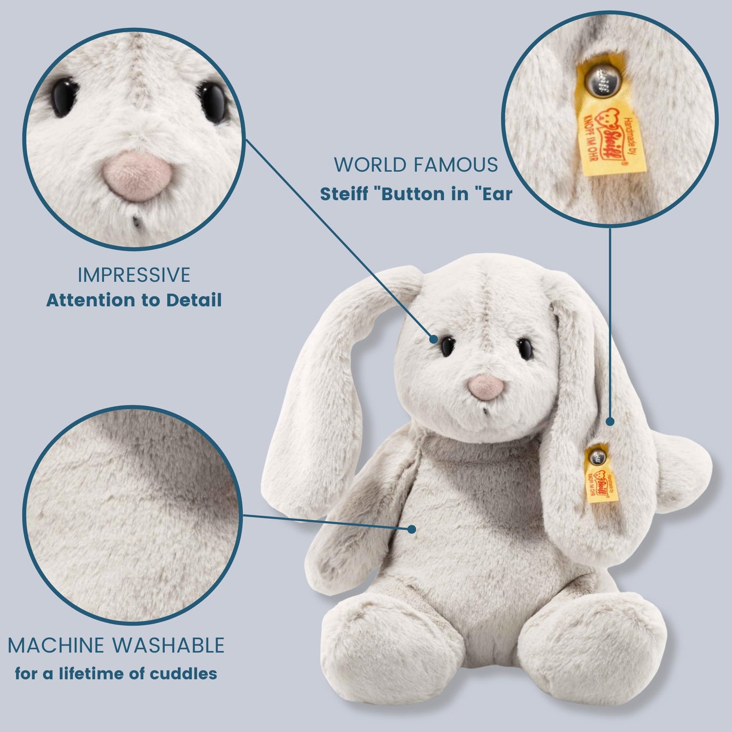 Steiff Hoppie Rabbit Toy Figure  enhanced Stuffed Animal (Light Grey  11)  Soft & Cuddly Plush for Kids  Boys & Girls