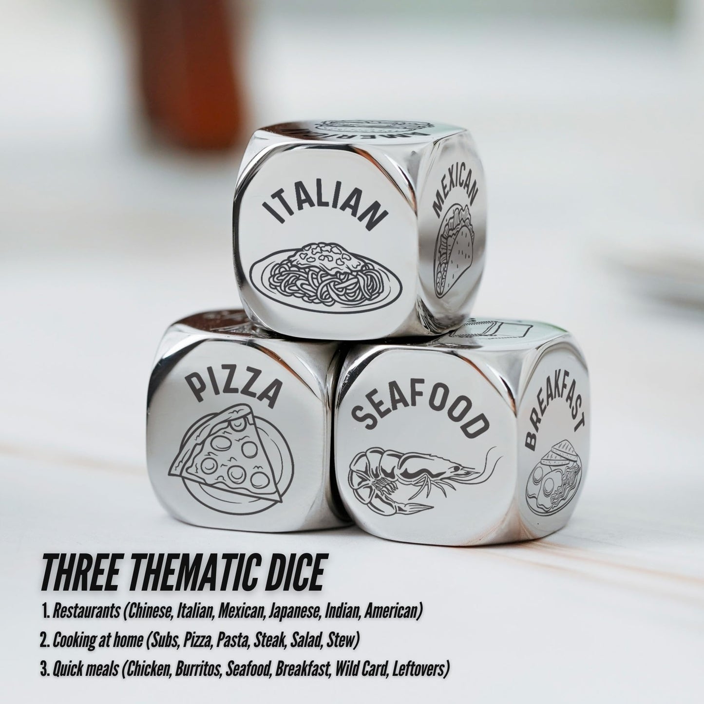 InnoBeta Food Dice Game - 3 PCS Stainless Steel Decision Dice for Couples, Date Night, Anniversary, Christmas Gift
