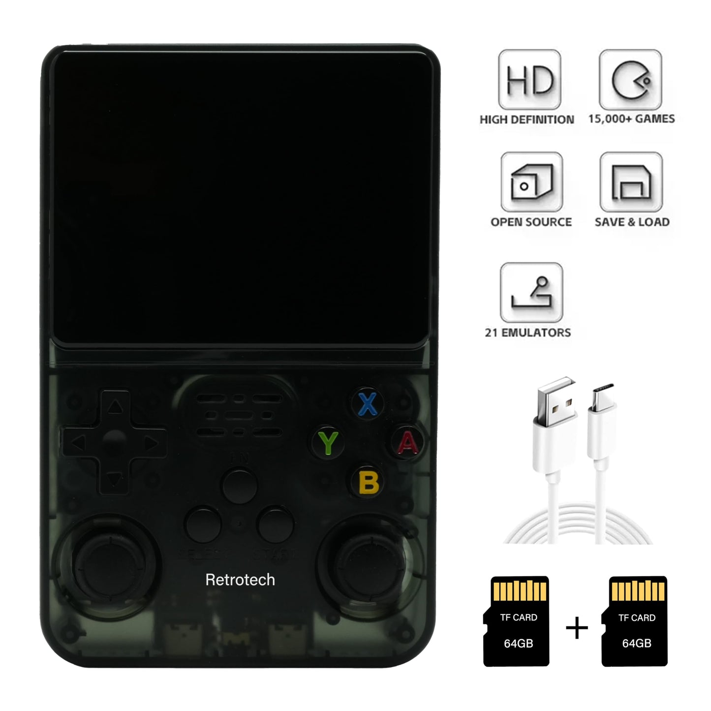 Retrotech R36S Handheld Video Game Console - 15000 Built-in Games, Black Transparent, Plastic Design