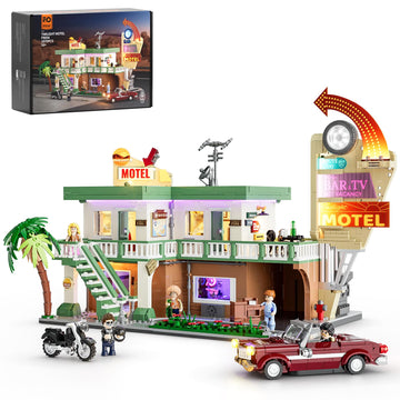 Funwhole City Car-Hotel Lighting Building-Bricks Set - Road Trip Modular Twilight Motel Collection Led Light Car And Motorcycle