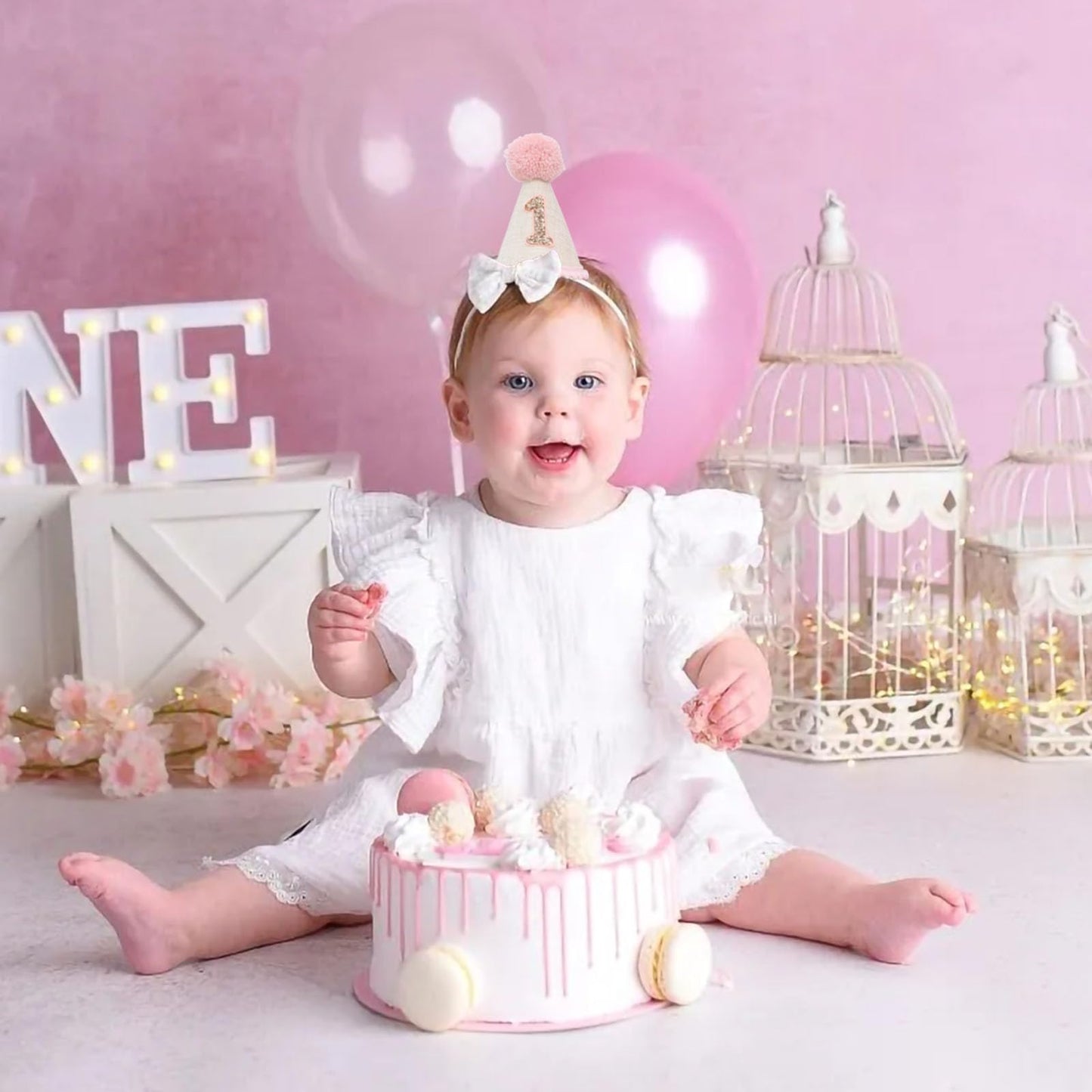 Ereniko Boho 1st Birthday Hat Decorations for Baby Girls Boys Handmade Natural Outfit First Birthday Party Hat Pink