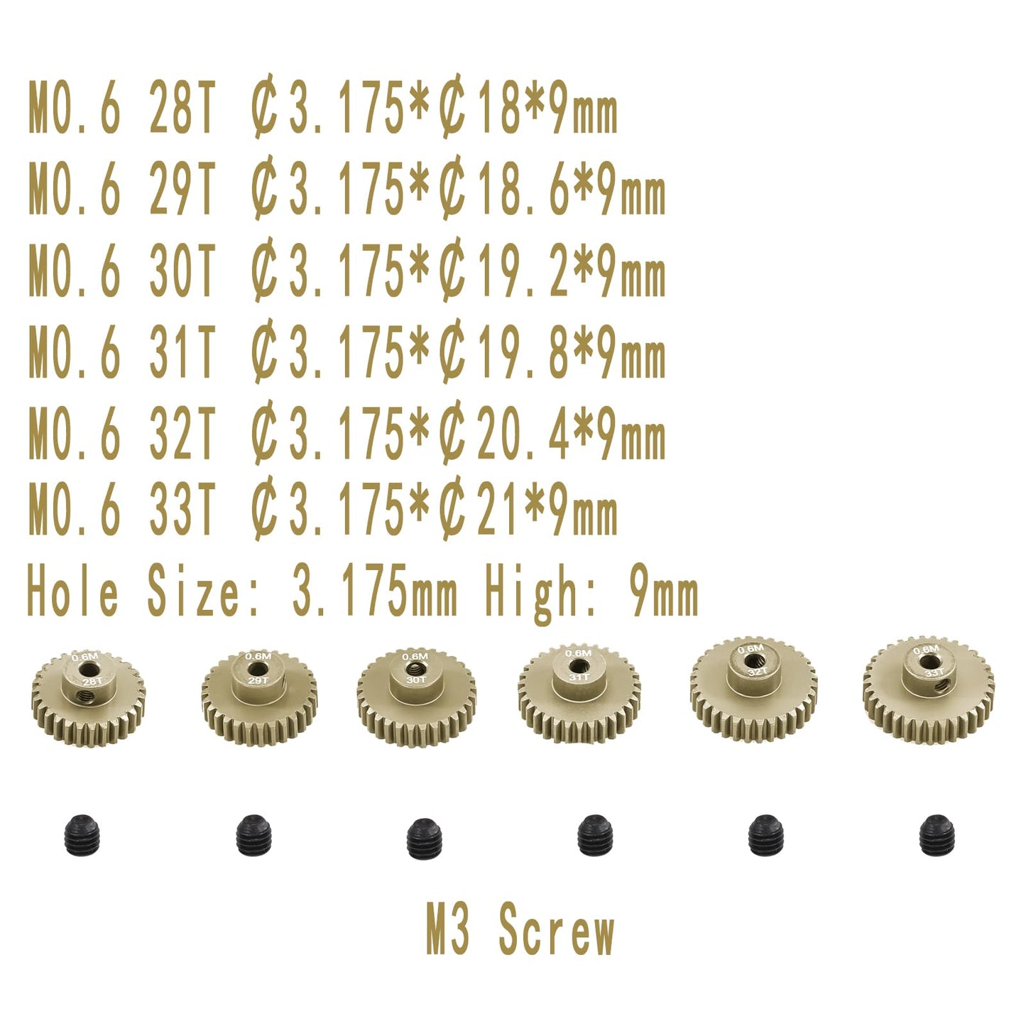 M0.6 Pinion Gear Set 3.175Mm 28T 29T 30T 31T 32T 33T 6Pcs 7075 Aluminum Alloy Metal Pinion Motor Gear For 1/10 Rc Car Brushed Br