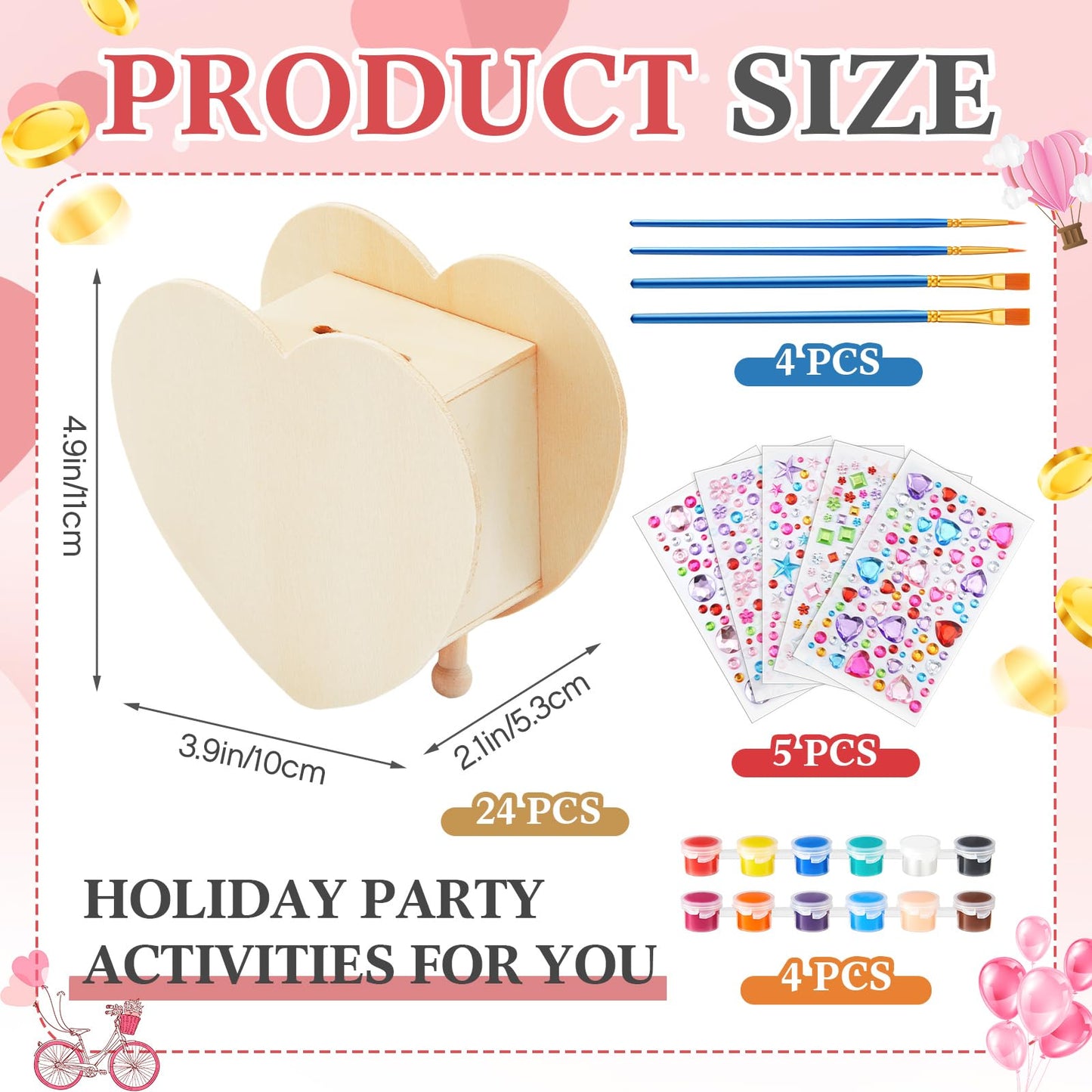 Tioncy 24 Pcs Diy Wooden Piggy Banks Unfinished Heart Shaped Wooden Piggy Coin Banks With 4 Paint Strips 4 Brushes 5 Sheets Gem