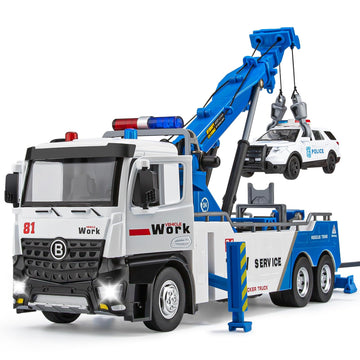 Hapyad Tow Truck Toy For Kids, Metal Tow Truck With Crane Toy Model With Lights And Sounds, Construction Vehicles For 3 4 5 6 7 