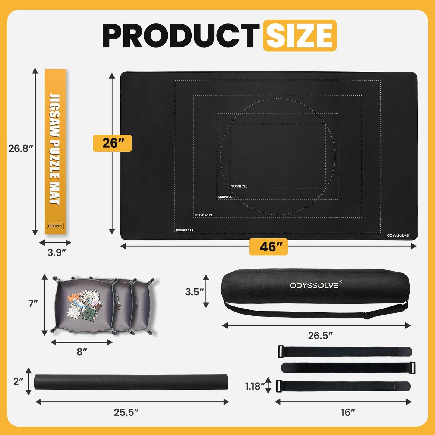 Odyssolve Jigsaw Puzzle Mat Roll Up, 1500 Pieces, 46" x 26", Black, Non-Slip Rubber Bottom with 3 Sorting Trays & Storage Bag
