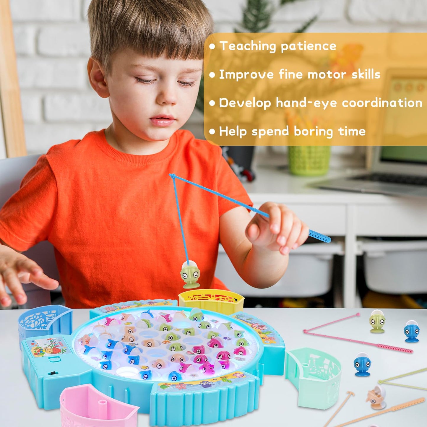 Pakoo Light Up Fishing Game Toys, Rotating Board Game With Music Including 45 Fishes And 8 Fishing Poles, Party Game Toys For Kids Age 4 5 6 7 8 And Up