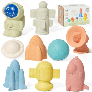 Amchsuri Mold Free Bath Toys For Babies 6-12 Months, 9 Pack No Holes Astronaut & Rocket Ship Bath Toys, Safe And Non Toxic Floating Pool Bathtub Toy