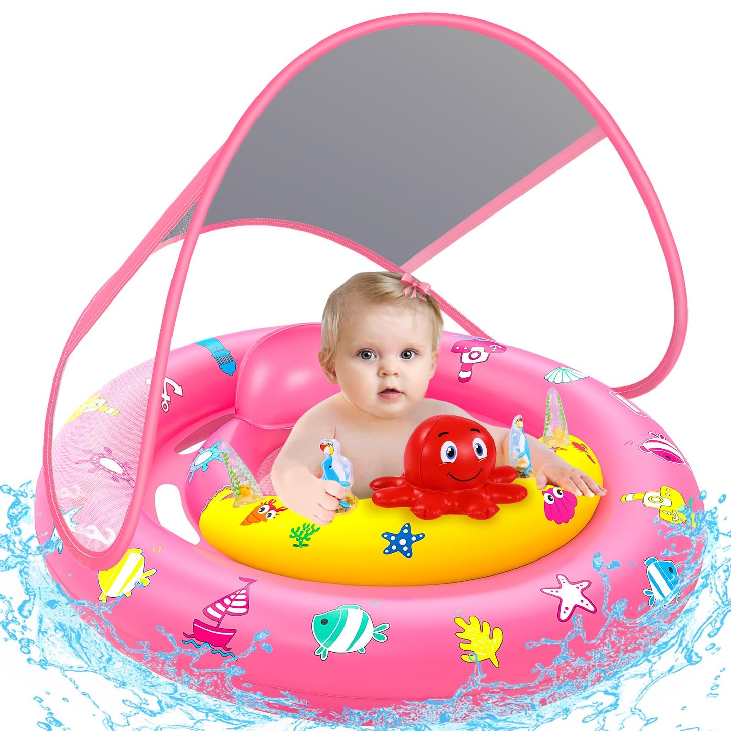 Baby Pool Float with Canopy, Inflatable Baby Swim Float with UPF50+ Sun Protection, Toddler Infant Pool Float with Toy Play Cons