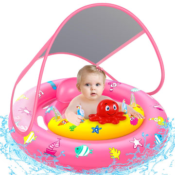 Baby Pool Float with Canopy, Inflatable Baby Swim Float with UPF50+ Sun Protection, Toddler Infant Pool Float with Toy Play Cons