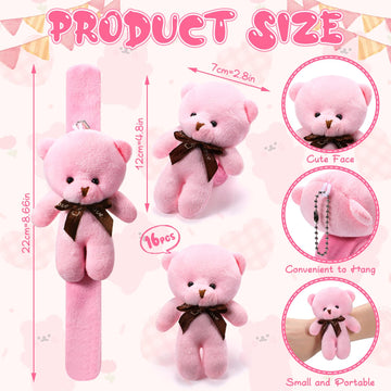 Ceenna 16 Pcs Valentine's Day Stuffed Bear Animal Slap Bracelets Plush Bear Slap Bracelets 8.66 Inch Pink Adorable Bear Slap Wri