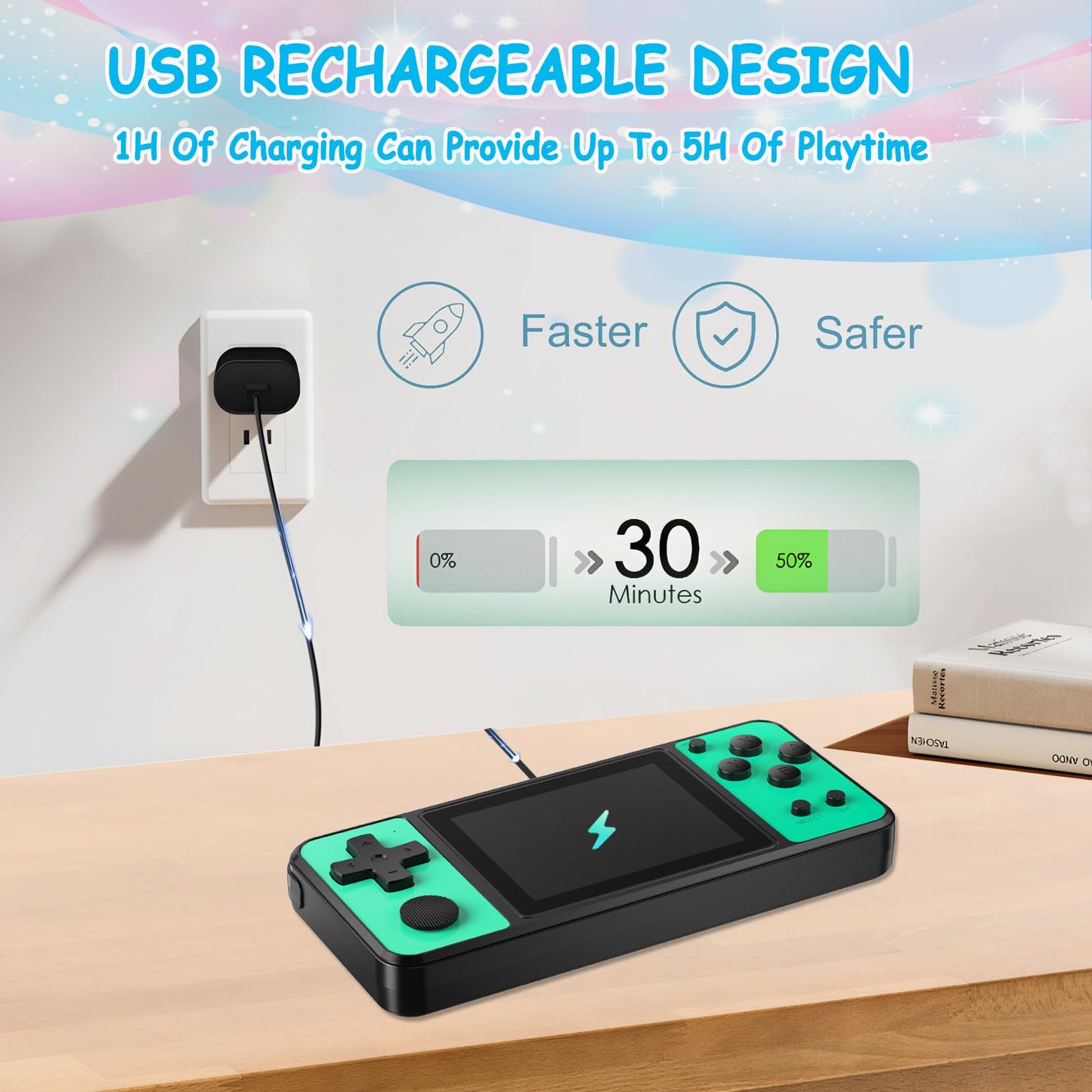 TEBIYOU 32 Bit Handheld Games for Kids Built-in 139 Video Games, 3.0'' IPS Screen Rechargeable Travel Toys for Ages 4-13, Mini E