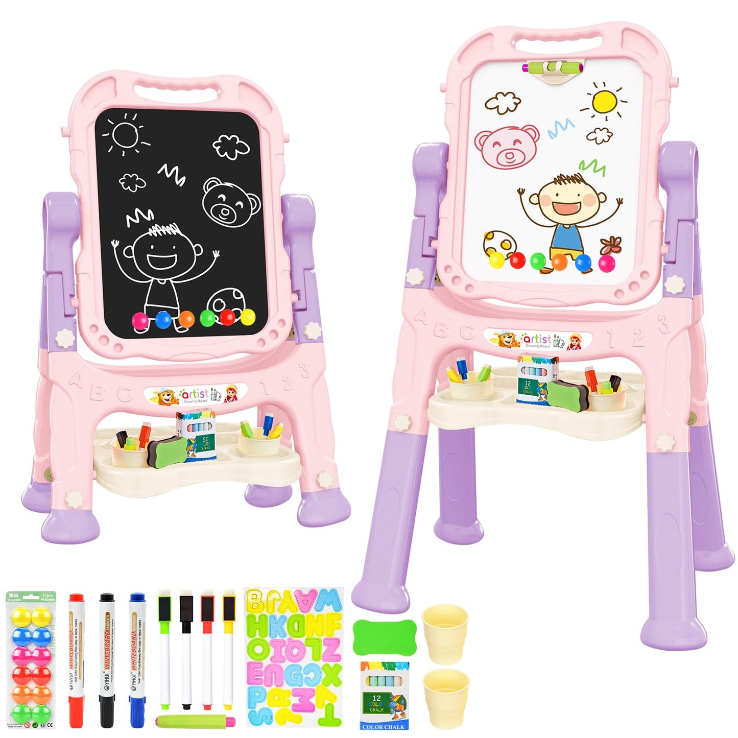 Amagoing Easel For Kids, Adjustable Standing Art Easel For Toddler, Double Magnetic Drawing Board With Painting Supplies For Lit