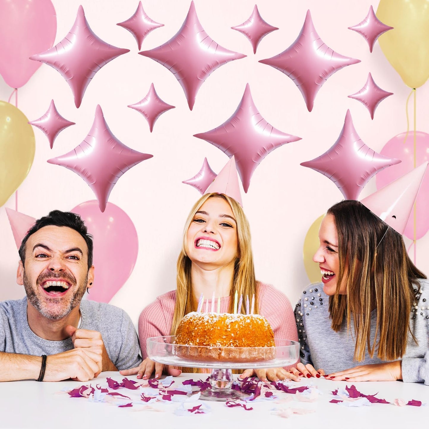 TONIFUL 30Pcs 26In&10In Star Balloons Large Pink Four Pointed Star Shape Foil Balloons Mini Star Mylar Balloons for Birthday Wed