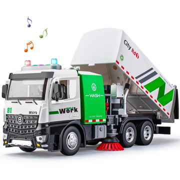 Street Sweeper Truck with Open-able Doors, 11.5'' Big Trash Truck with Lights and Sounds, Friction Powered Garbage Truck Toys Gi