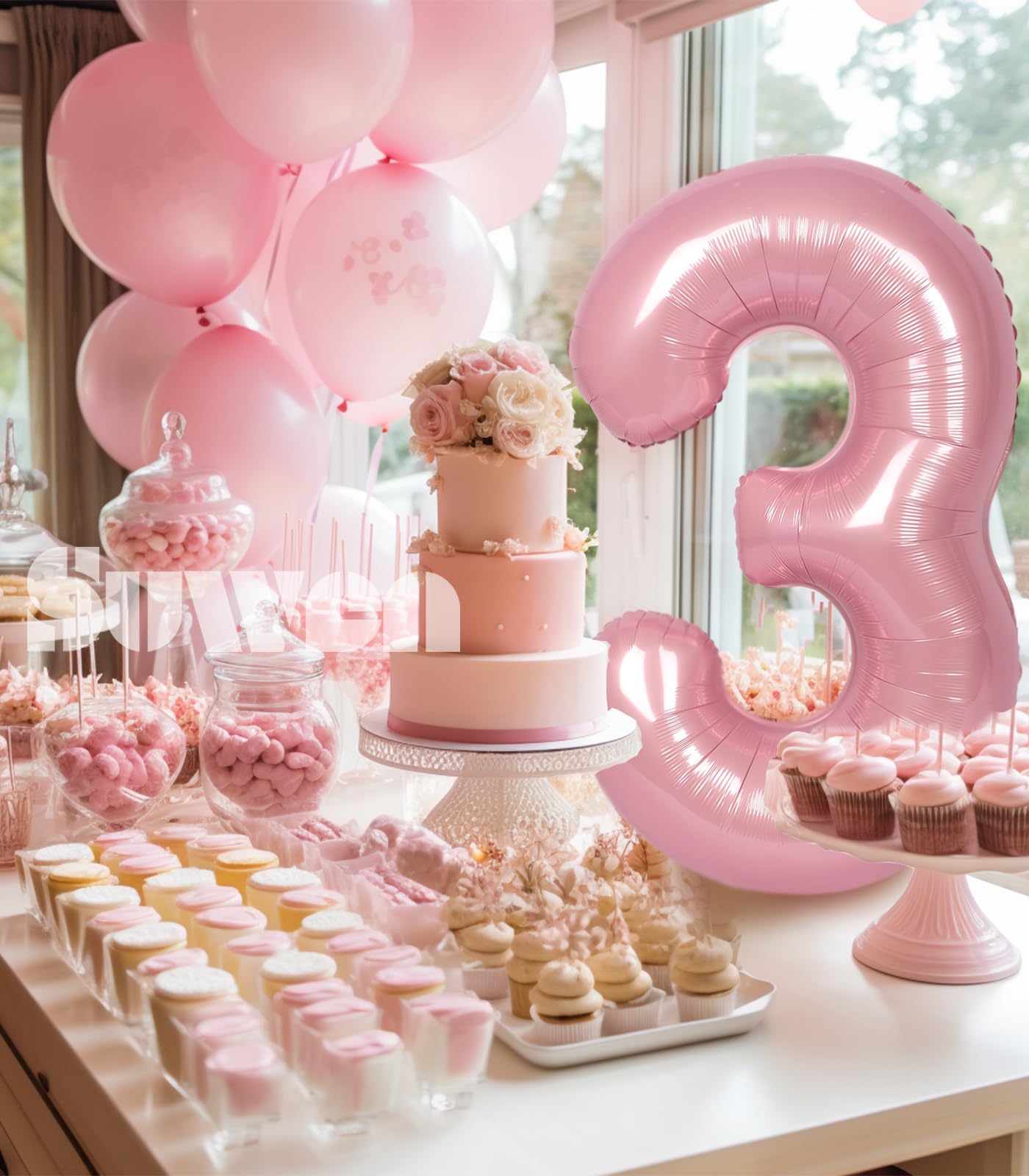 Suwen 40 Inch Pink Large 3 Number Balloons Big Foil Helium Number Balloons 0-9 Jumbo Happy 3Rd Mylar Birthday Party Decorations