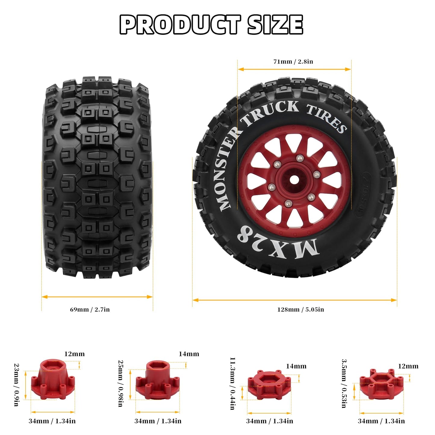 2.8'' Rc Tires With 12Mm/14Mm Hex Adapter 1/10 Scale Rc Truck Tires Rc Wheels And Tires Set For Traxxas Arrma Rustler Stampede 4