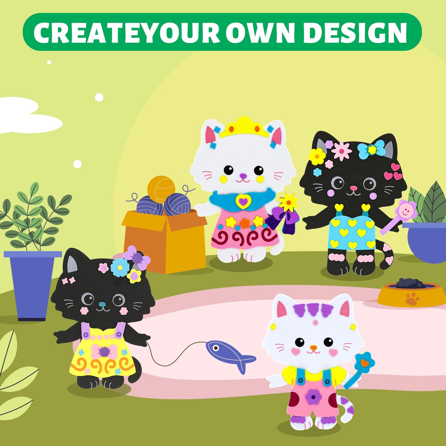 Vkpi 4 Pieces Cats Foam Art Crafts Gift Kit, Creative Make Your Own Kittens, Cartoon Foam Paper Craft Projects For Kids Ages 4+