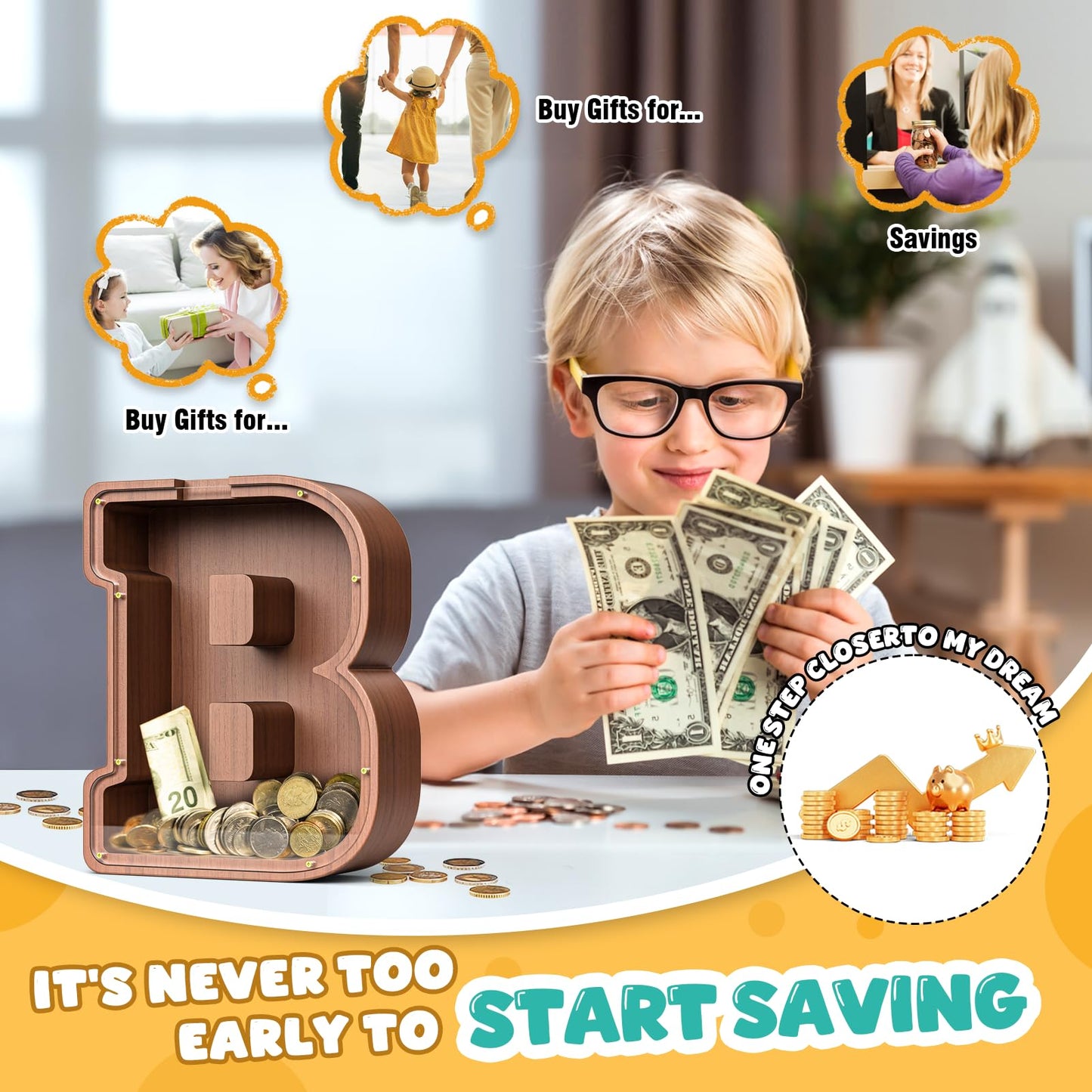 Summidate Wooden Letter Piggy Bank  Extra Thick Large Capacity Piggy Bank for Kids Boys Girls Toddler  Alphabet B Money Bank| Coin Box Birthday  Christmas  Festival