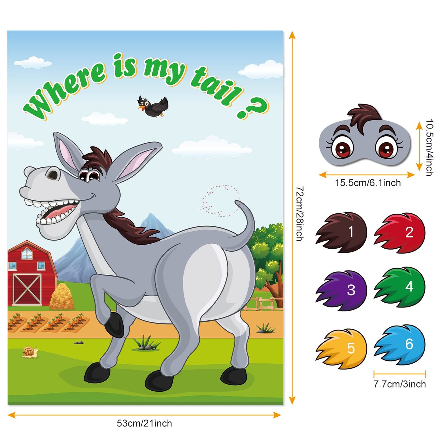 Neburora Pin The Tail On The Donkey, Party Game With 30 Pcs Tails For Kids Birthday Party Carnival Circus Christmas Party Suppli