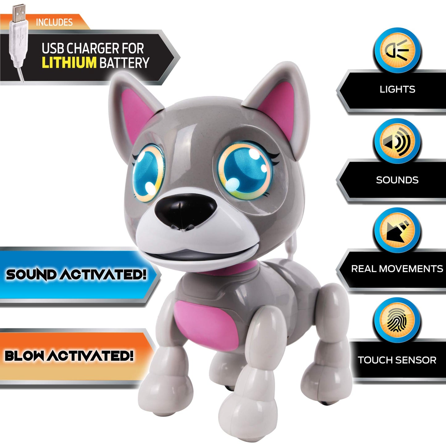 Nkok Usb Petbotz - Robo Puppy, Rechargeable, Miniature, Interactive Pet Robot, Lights Up, Sound Activated, Makes Noises On Command, Comes With Pet Bowl And Bone, Usb Charger Included