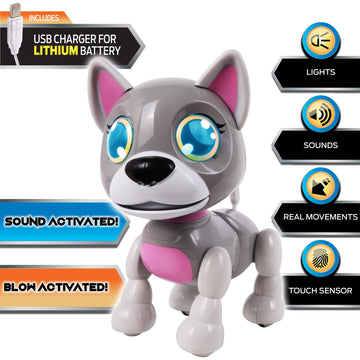 Nkok Usb Petbotz - Robo Puppy, Rechargeable, Miniature, Interactive Pet Robot, Lights Up, Sound Activated, Makes Noises On Command, Comes With Pet Bowl And Bone, Usb Charger Included