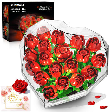 CUBIMANA Flower Bouquet Building Set with LED Lights - 19 Rose Kit with Heart Shaped Cover Botanical Building Blocks | Valentine Birthday Graduation Wedding Gifts for mature-themed Her Lover Wife