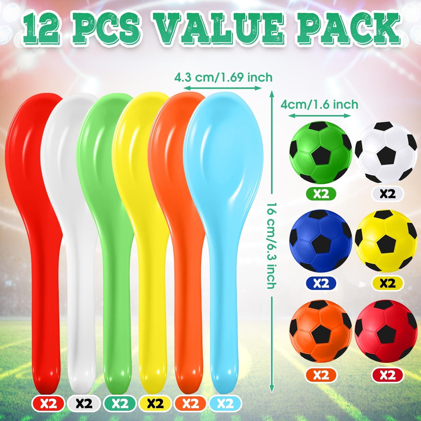 PullCrease 12 Pack Soccer Party Games Spoon Relay Race Toy Set for Teens Adults, Soccer Foam Ball and Spoon Race Game for Sports