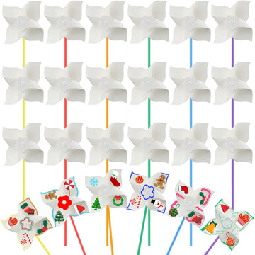 Poen 24 Pcs DIY Pinwheels Paper Craft Bulk Color Your Own White Pinwheels Summer Activity Arts July 4 Patriotic Memorial Day Cra