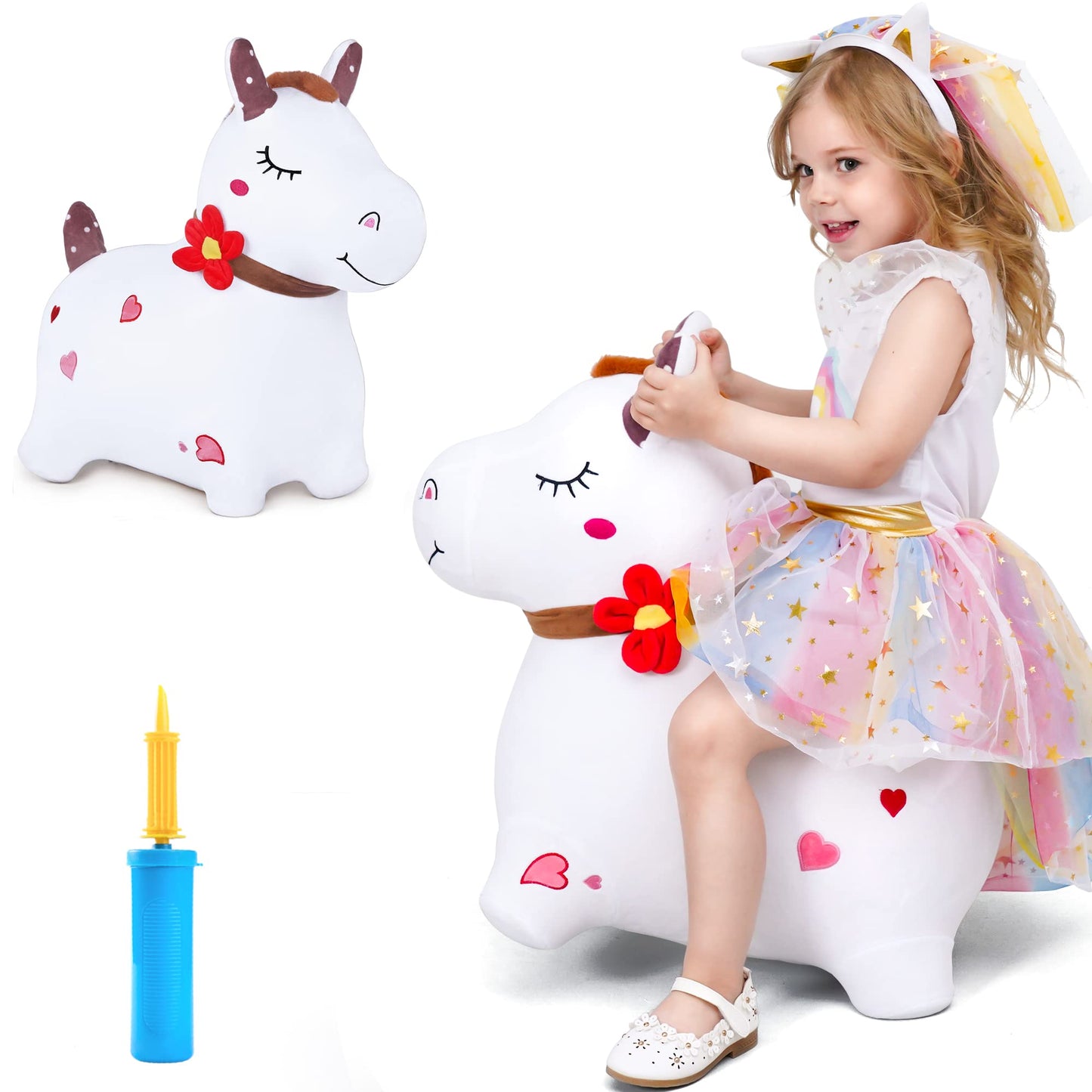 iPlay, iLearn Bouncy Pals Inflatable Hopping Horse Toy, Plush, Large, White, Birthday Gift for Toddlers 18-24 Months, 2-5 Years