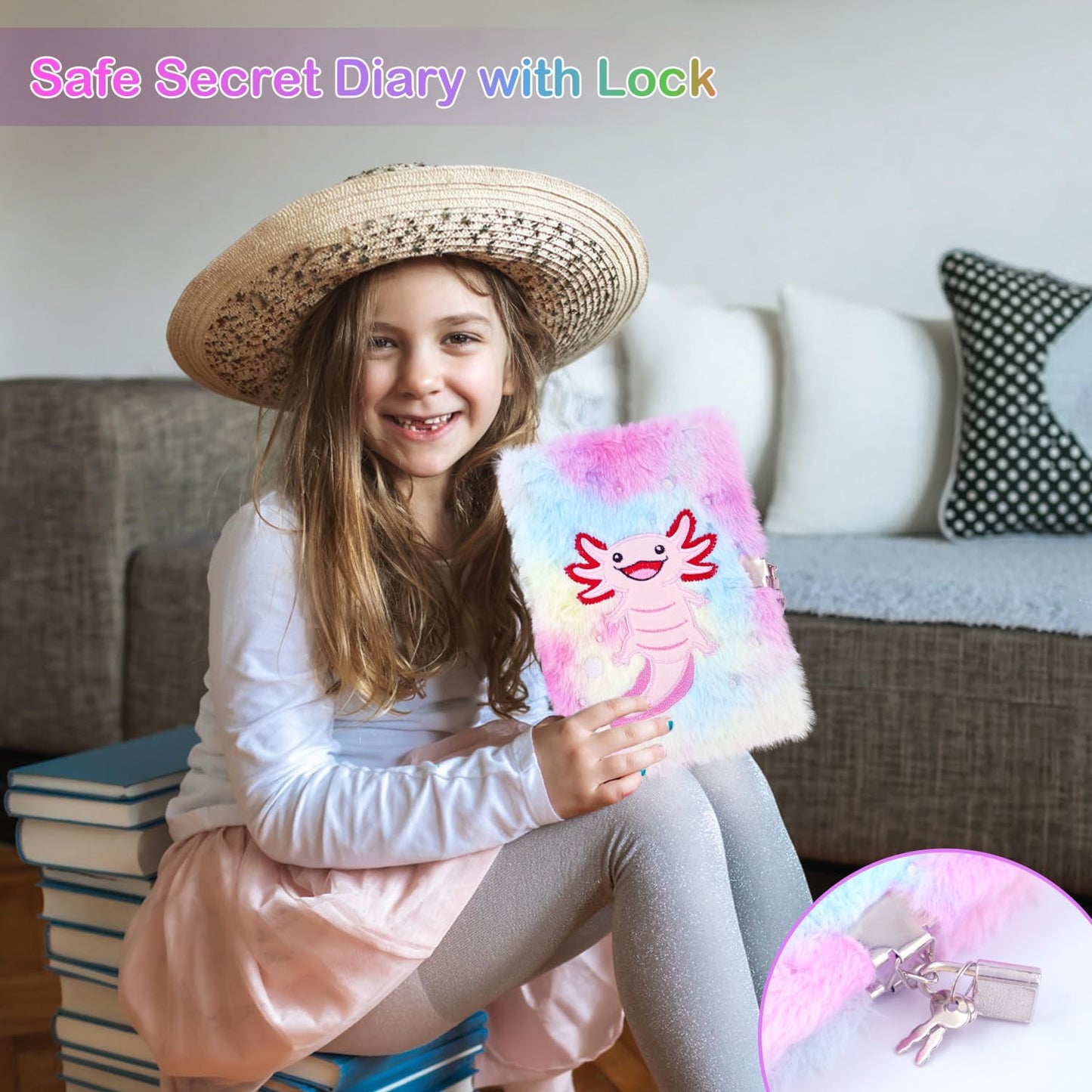 Pjdrllc Axolotl Diary With Lock, Gift For 8 9 10 Year Old Girl, Secret Diary Journal Notebook With Coin Purse, Multicolored Pen,