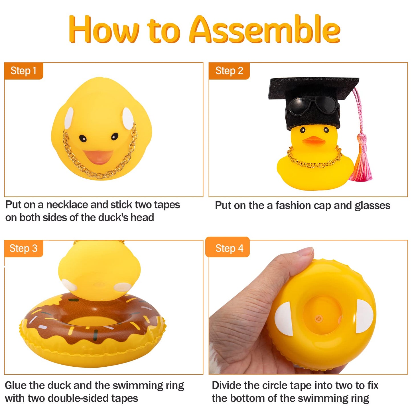 Wonuu Car Rubber Duck, Yellow Duck Decoration Dashboard With Sun Hat Swim Ring Necklace Sunglasses For Car Dashboard Decorations, Black Top Hat Red-Donut