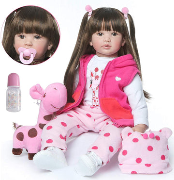 Icradle Cute 24 Inch 60 Cm Reborn Baby Doll Long Hair Girl Doll Soft Silicone Baby Real Life Baby Toddler Doll Toy For Ages 3+ (