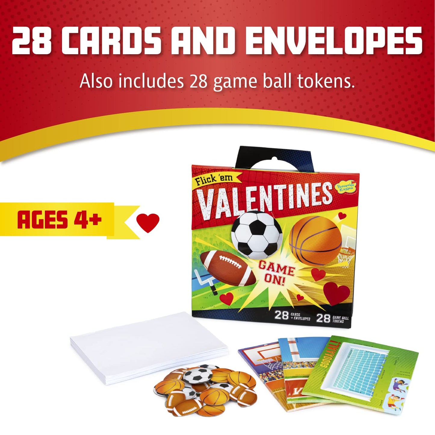 Peaceable Kingdom Valentines Cards For Kids Classroom, Set Of 28 Valentines Day Gifts - Flick 'Em Sports Games