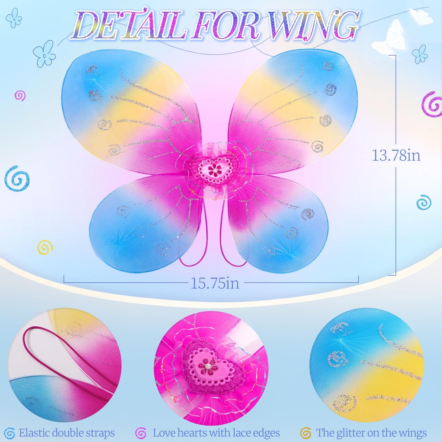 4 Pcs Butterfly Fairy Costume For Girls Kids Princess Cosplay Costume Set With Wings, Tutu Skirt, Wand (Rainbow)