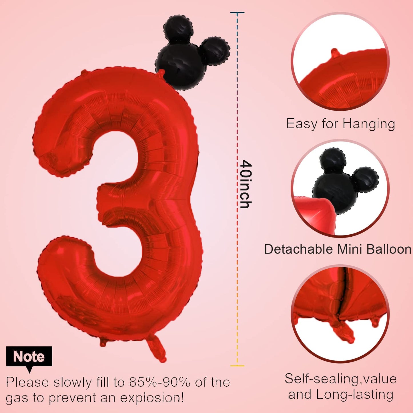 Hibilder 2Pcs Balloon Set Aluminum Foil, Red Number 3 & Mini Mouse Head, Birthday Party Decoration, Cartoon Theme, Unisex, Child