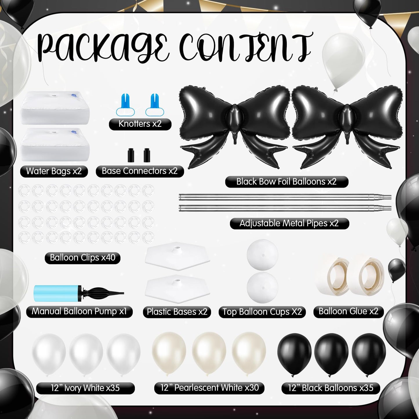 Kasyat Black Bow Balloon Column Stand Kit - 2 Adjustable Stands, 100 Latex Balloons, Black Bow Foil Balloons, Perfect for Parties