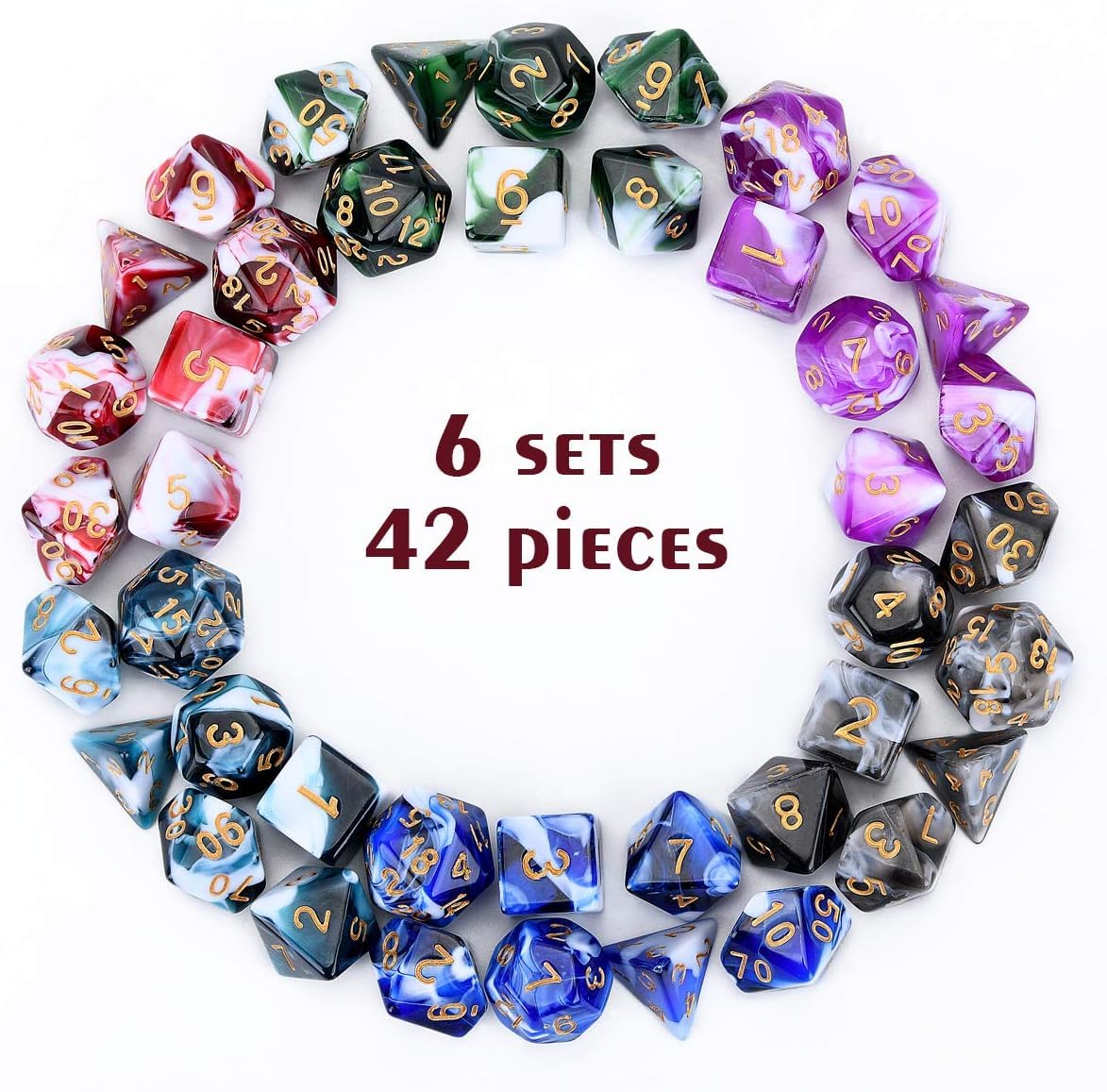 FLASHOWL Polyhedral Dice Set Table Games Dice Pressure Remove 6 Sets Dice 6 x 7 Die Series D20, D12, D10, D8, D6, D4 DND dice DN
