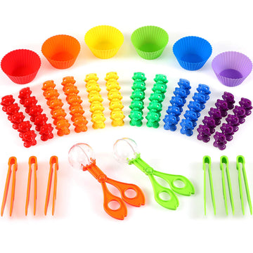 74 Pieces Counting Sorting Bears Fine Motor Skills Handy Scoopers Set Includes 60 Cute Rainbow Sorting Bears, 6 Jumbo Tweezers, 2 Scissors Clips And 6 Colorful Cups For Children Over 6