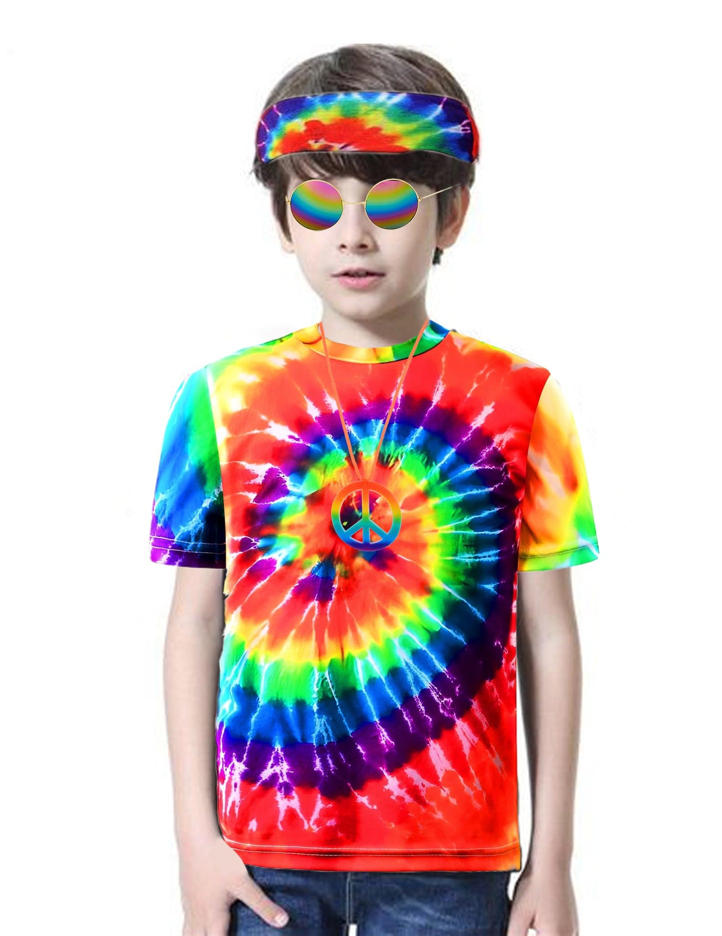 Inrajoper Boys 4 Pcs Hippie Costume Accessories Set 60S 70S Colorful Kids Fun Tie Dye T-Shirt For Theme Party 4-5 Years Multicol