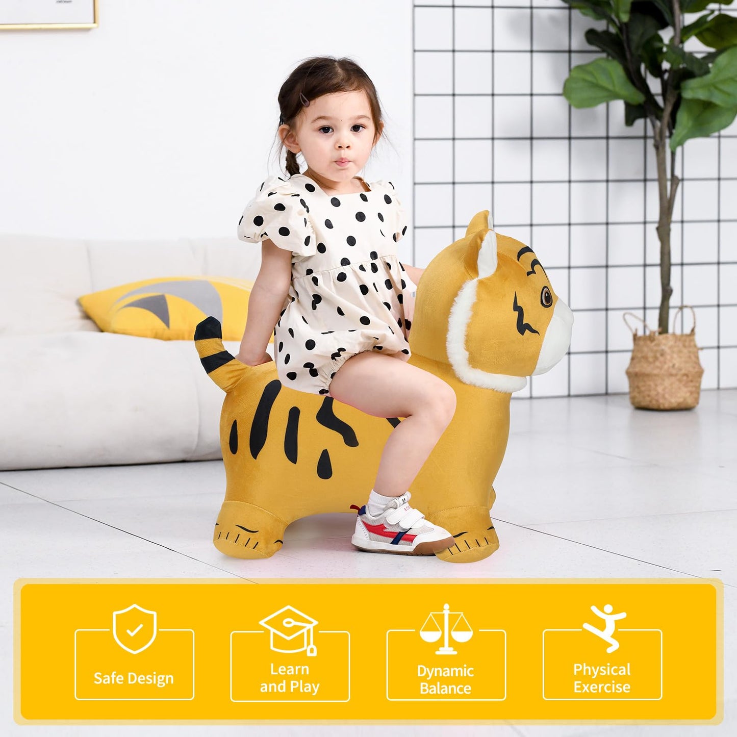 Inpany Bouncy Tiger Hopper, Safari Animal Figures Toys, Toddlers Plush Bouncing Jungle Animal, Wild One Birthday Decorations, Ri