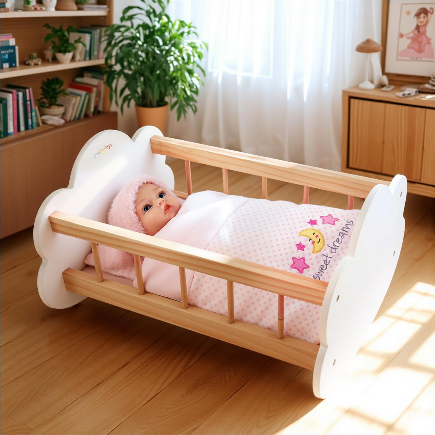 Babeside 2 Pcs Baby Doll Bedding Set For 12-15 Inch Dolls, Pink Polka Dot Baby Doll Blanket And Pillow Set With Cute Moon & Star