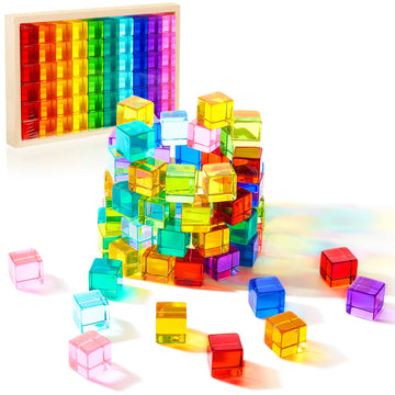 Meooeck 60 Pcs Acrylic Gem Cubes Blocks Translucent Rainbow Building Cubes Crystal Educational Sensory Training Stacking Toys Wi